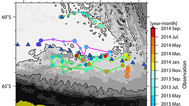 （上）Deep NINJAフロートによる観測点。（下）Deep NINJAにより観測された南極底層水の上端の深度の時間変化。黒線は変化の平均の傾き。 
